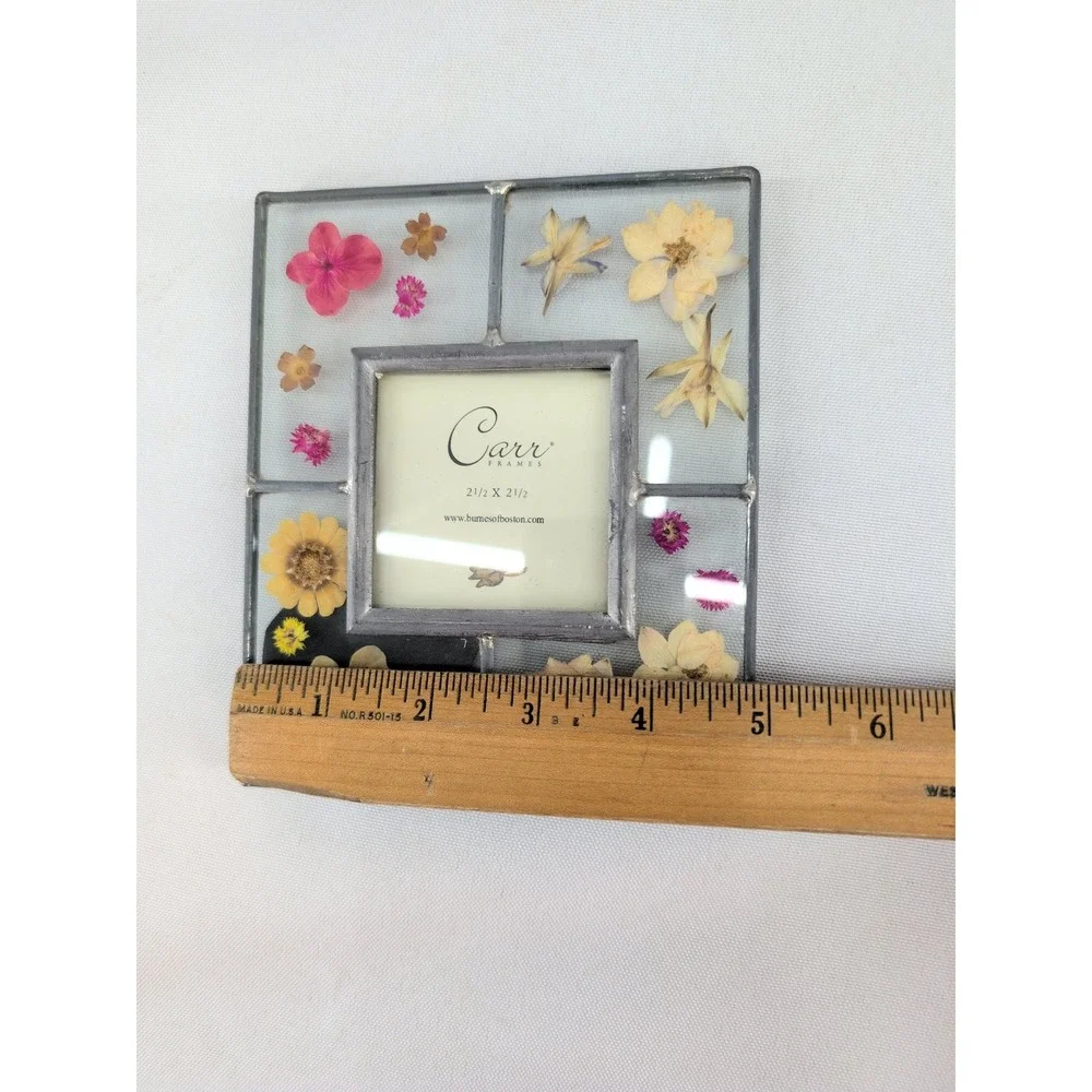 vtg Carr Frames Leaded Glass Picture Frame Silver Pressed Flowers 1999 2.5x2.5